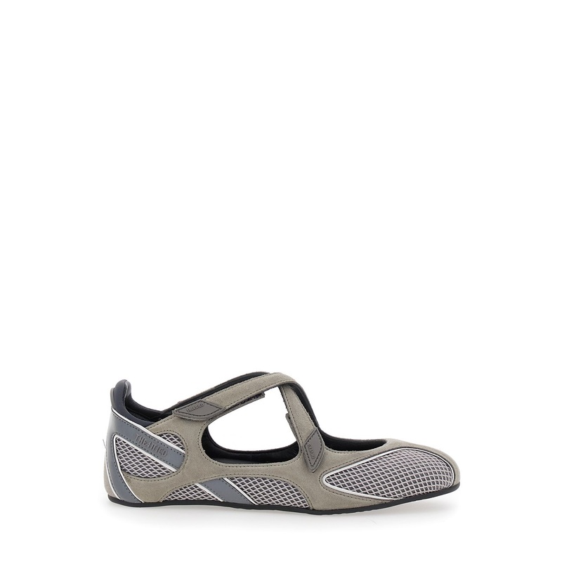 ‘Nomad’ Grey Ballet Shoes with Criss-Crossed Straps and Mesh Panels in Tech Fabric and Suede Woman