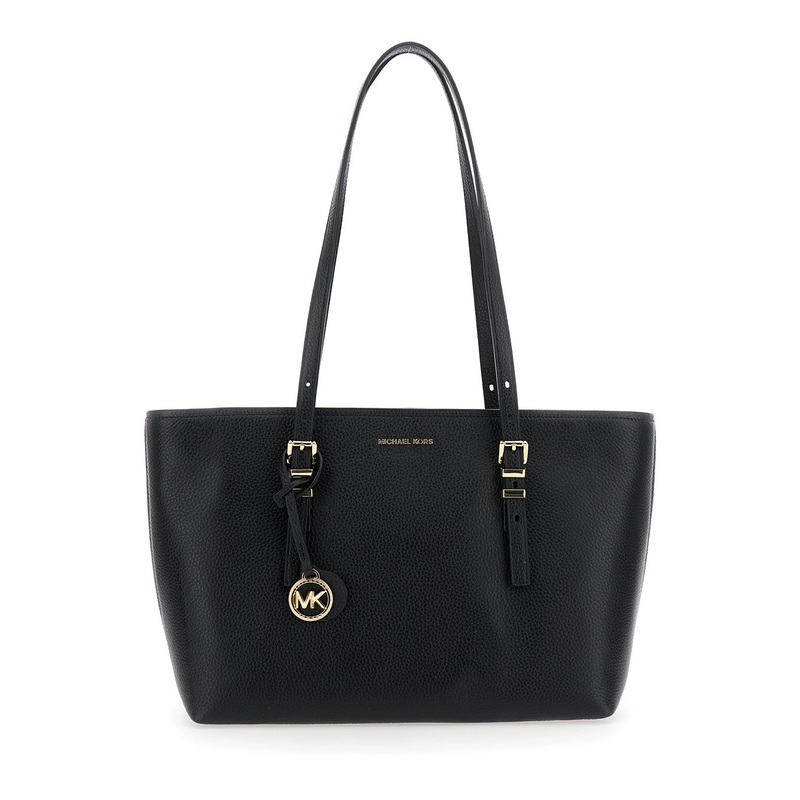‘Quinn’ Black Medium Tote Bag with Removable Logo Charm and Embossed Logo Lettering on the Front in Grained Leather Woman