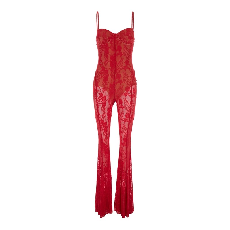 Red Jumpsuit with Sweatheart Neckline and Flared Leg in Tech Fabric Stretch Woman