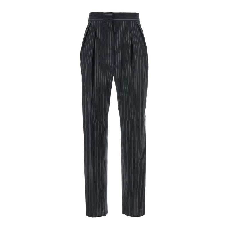 ‘Sesamo’ Black Pants with Front Concealed Closure and All-Over Striped Motif in Wool Woman
