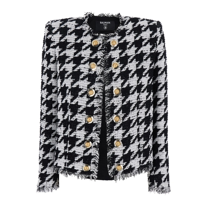 ‘Spencer’ Black and White Jacket with All-Over Check Motif and Fringed Hem in Cotton Blend Woman