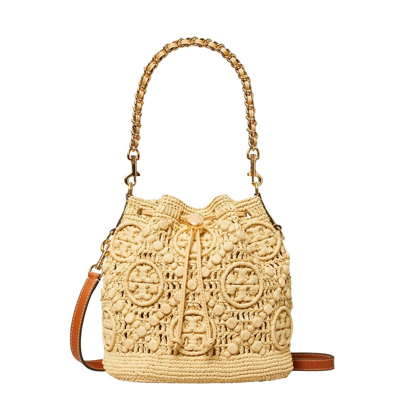 ‘T Monogram’ Beige Crossbody Bag with Logo Embroidery and Chain-Link Handle in Raffia Woman