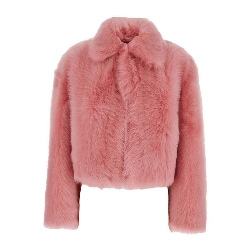 ‘Toscana’ Pink Cropped Shearling Coat with Classic Collar and Front Concealed Closure in Fur Woman