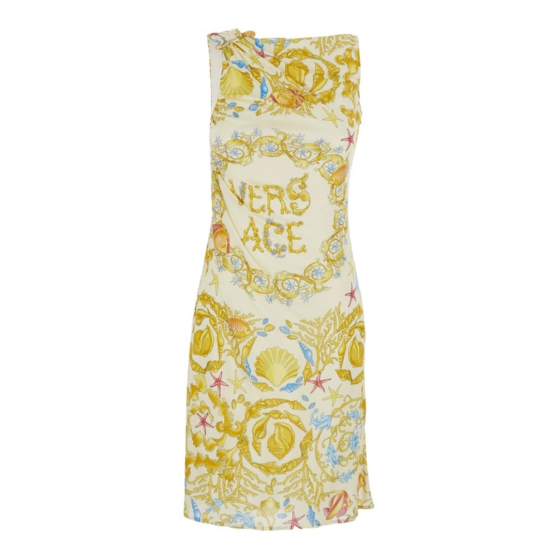 ‘Underwater Barocco’ Multicolor Sleeveless Dress with Tie Detail on the sleeve and All-Over Barocco Motif in Viscose Woman