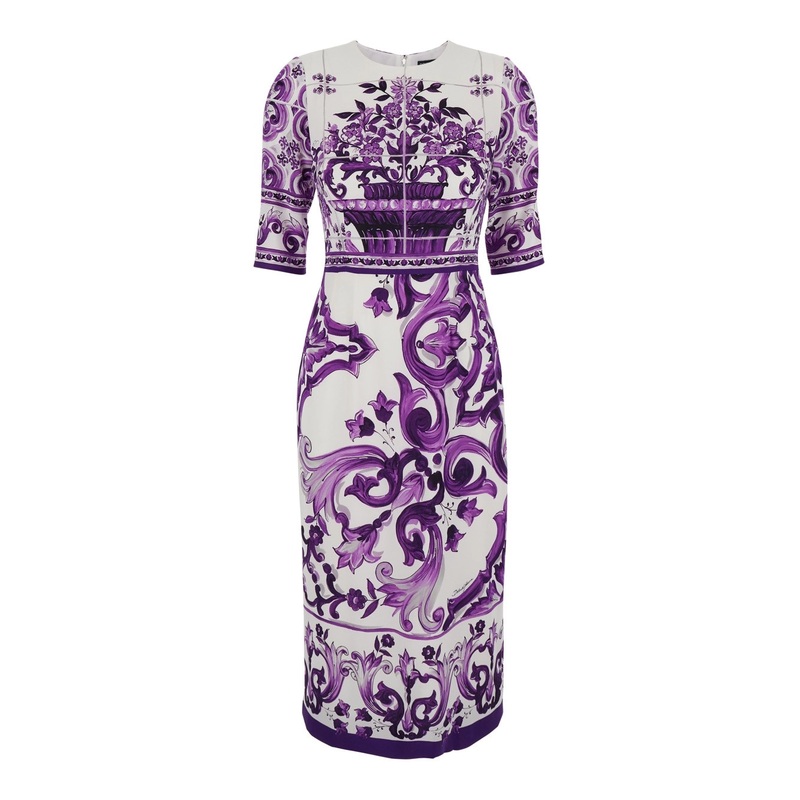 Violet Crewneck Dress with Rear zip Closure and All-Over Floral Print in Silk Stretch Woman