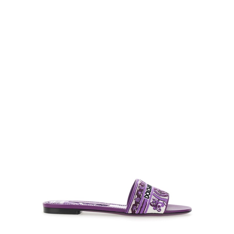 Violet Sandals with Logo Embroidery on the Front and All-Over Majolica Motif in Cotton Blend Woman