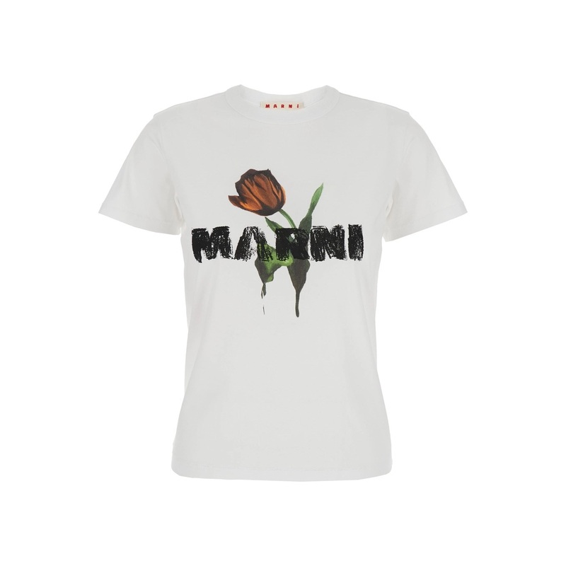 White Crewneck T-Shirt with Logo Lettering and Logo Print on the Front in Cotton Woman