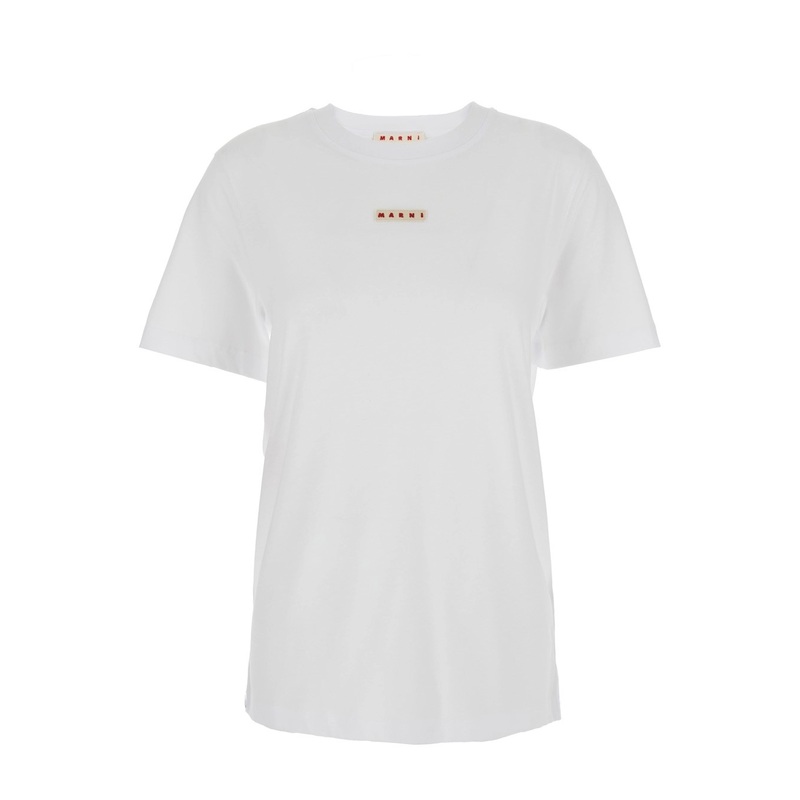 White Crewneck T-Shirt with Logo Patch on the Front in Cotton Woman