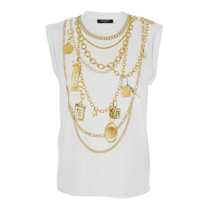 White Sleeveless Top with Maxi Necklace Print on Front and Rear in Cotton Woman