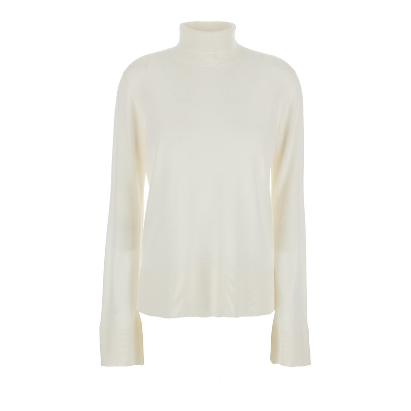 White Turtleneck Sweater with Slit Sleeves in Tech Fabric and Cashmere Woman