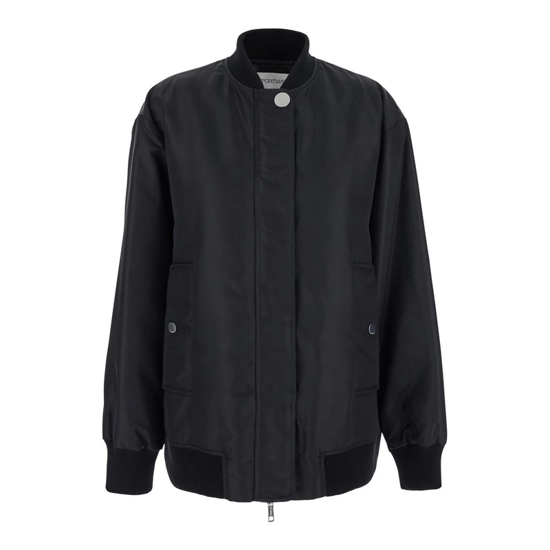 ‘Agape’ Black Bomber Jacket with Concealed Zip Closure in Tech Fabric Woman