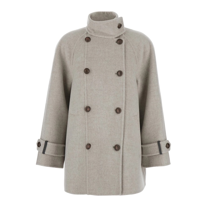 Beige Double-Breasted  Coat with High neck and Wooden Buttons in Wool and Cashmere Woman