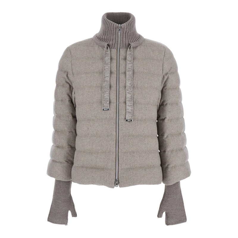 Beige Down Jacket with Drawstring High  Neck and Removable Gloves in Tech Fabric Woman