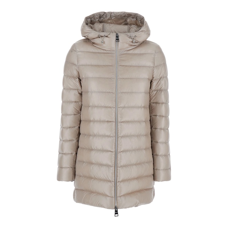 Beige Down Jacket with Drawstring Hood in Tech Fabric Woman