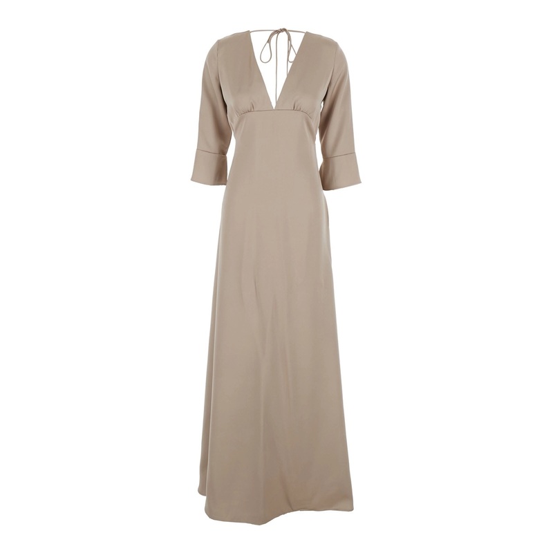 Beige Maxi Dress with Front and Rear V Neck and Maxi Bow on the Rear in Cady Woman