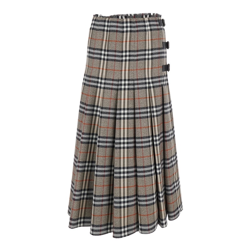 Beige Midi Skirt with Side Buckle Closure and All-Over Check Motif in Wool Woman