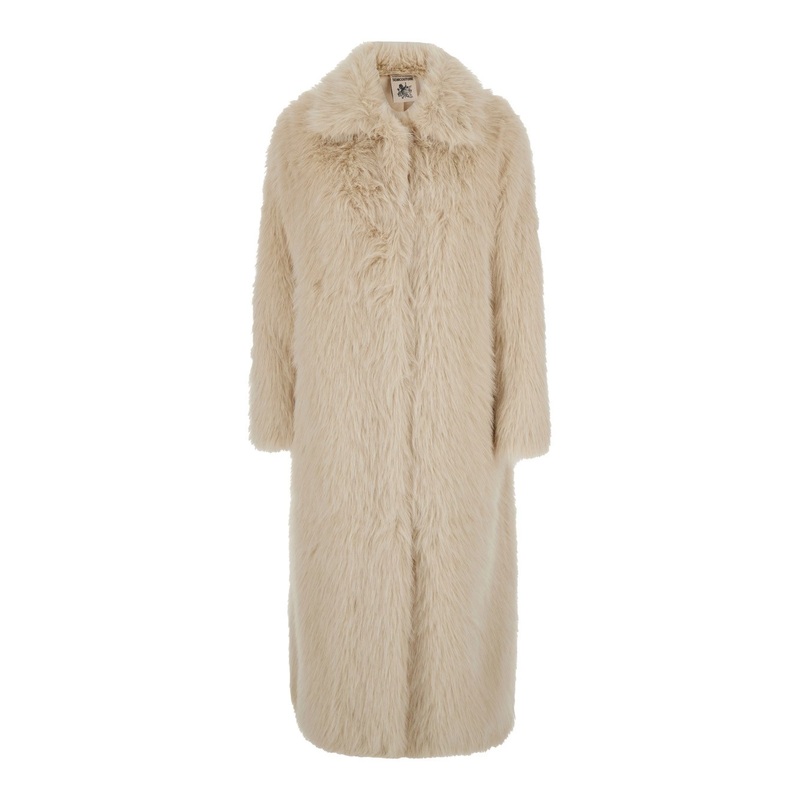 Beige Shearling Coat with Notched Revers and Concealed Front Closure in Ecofur Woman