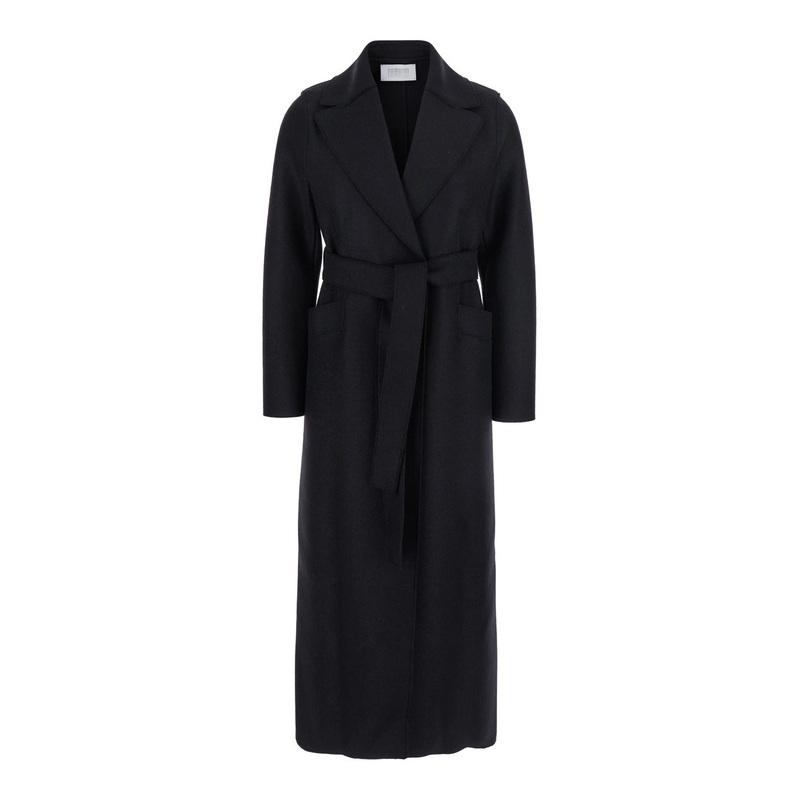 Black Belted Coat with Wide Notched Revers in Wool Woman
