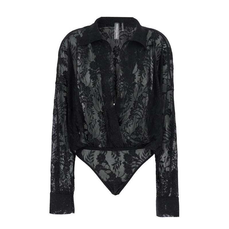 Black Bodysuit with Plunging V Neck and All-Over Floral Embroidery in Tech Fabric Stretch Woman