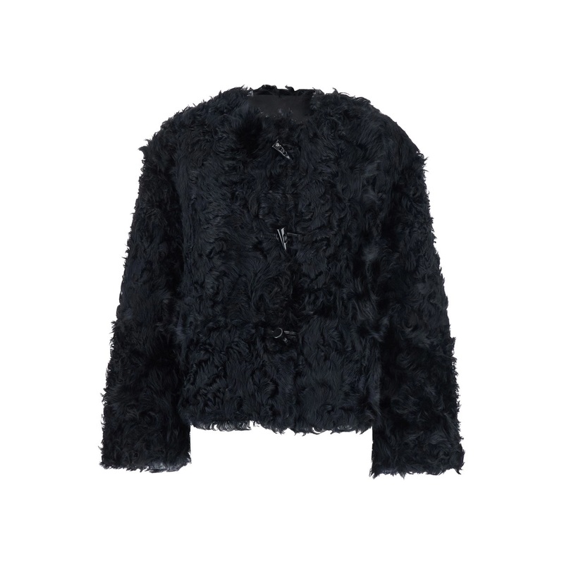 Black Collarless Fur Jacket with Front Toggle Closure in Fur Woman