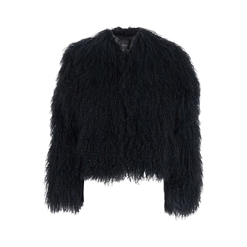 Black Cropped Fur Jacket with Concealed Front Closure in Shearling Fur Woman
