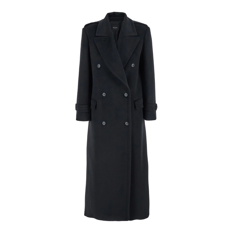 Black Double-Breasted Coat with Wide Notched Revers in Wool Woman