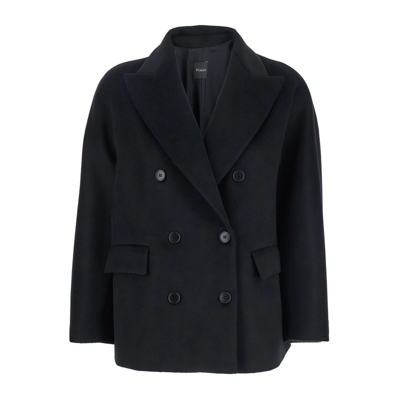 Black Double-Breasted Jacket with Peak Revers in Wool Woman