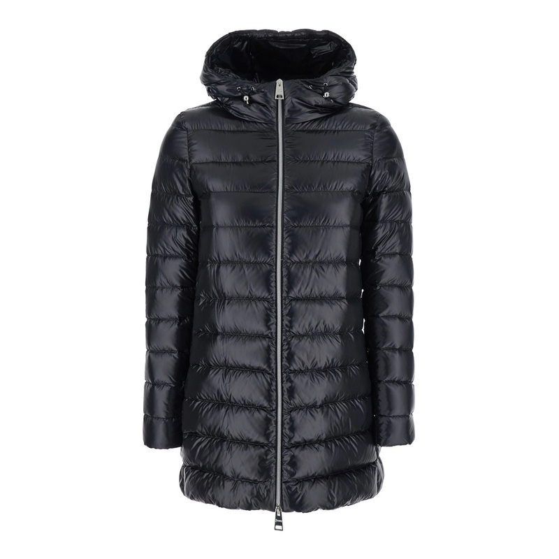 Black Down Jacket with Fixed Hood and Two Front Welt Pockets with Zip in Tech Fabric Woman