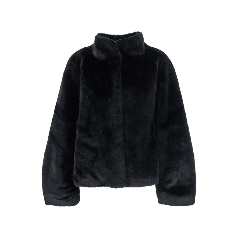 Black Fur Jacket with High Neck and Concealed Front Closure in Ecofur Woman