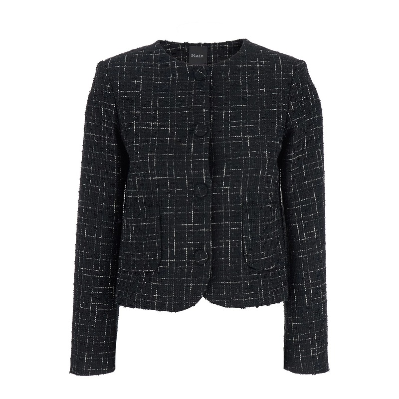 Black Jacket with Round Neck and Front Button Closure in Tweed Woman