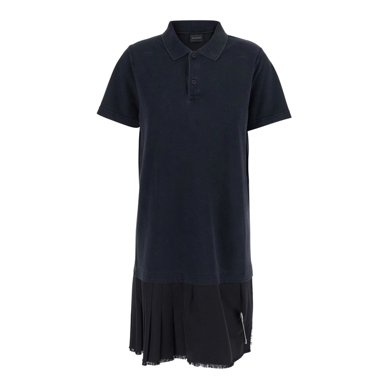 Black Layered Dress with Polo Shirt Style Collar and Safety Pin Detail in Cotton Woman