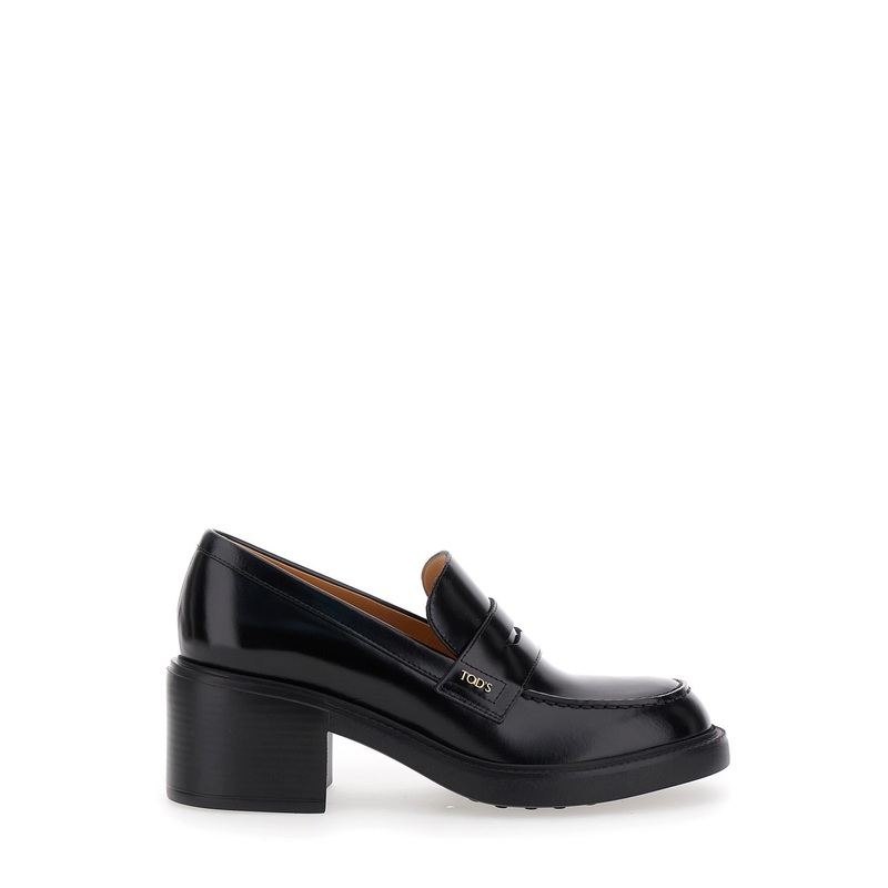 Black Loafers with Penny Slot and Logo Lettering on the Side in Leather Woman