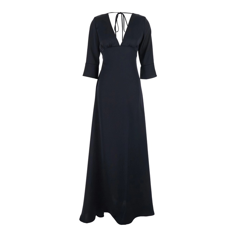 Black Maxi Dress with Front and Rear V Neck and Maxi Bow on the Rear in Cady Woman