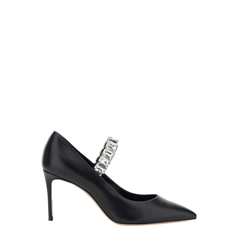 Black Pumps with Crystal Embellished Strap and High Stiletto Heel in Leather Woman