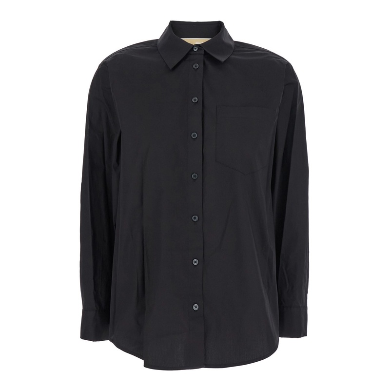 Black Shirt with Button-Down Collar and One Front Patch Pocket in Cotton Stretch Woman