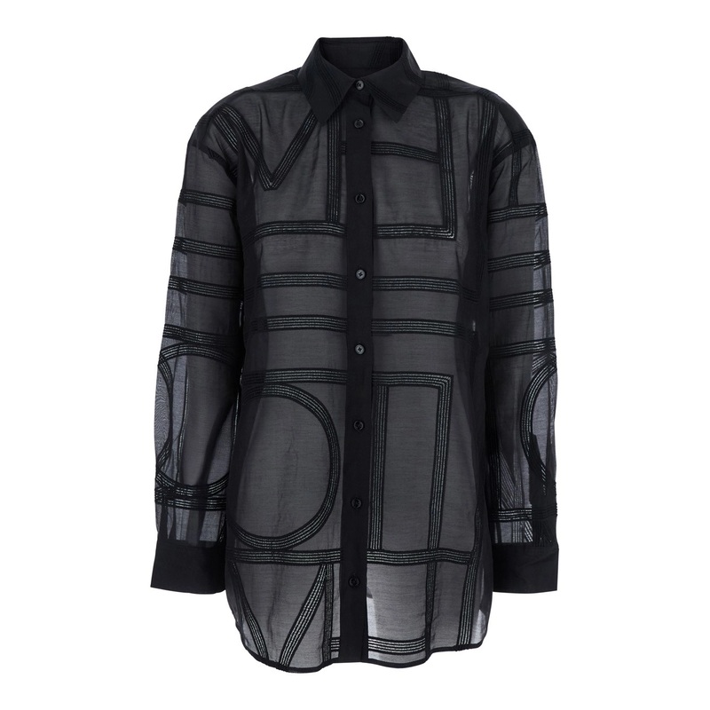 Black Shirt with Classic Collar and All-Over Logo Lettering Embroidery in Cotton and Silk Woman