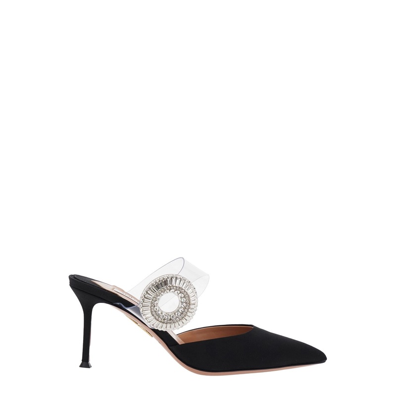 Black Slingback Mules with Crystal Embellishment and Transparent Strap in Suede Woman