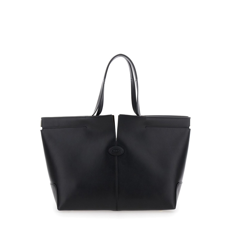 Black Tote Bag with Two Top Handles and Metal Details on the Side in Leather Woman