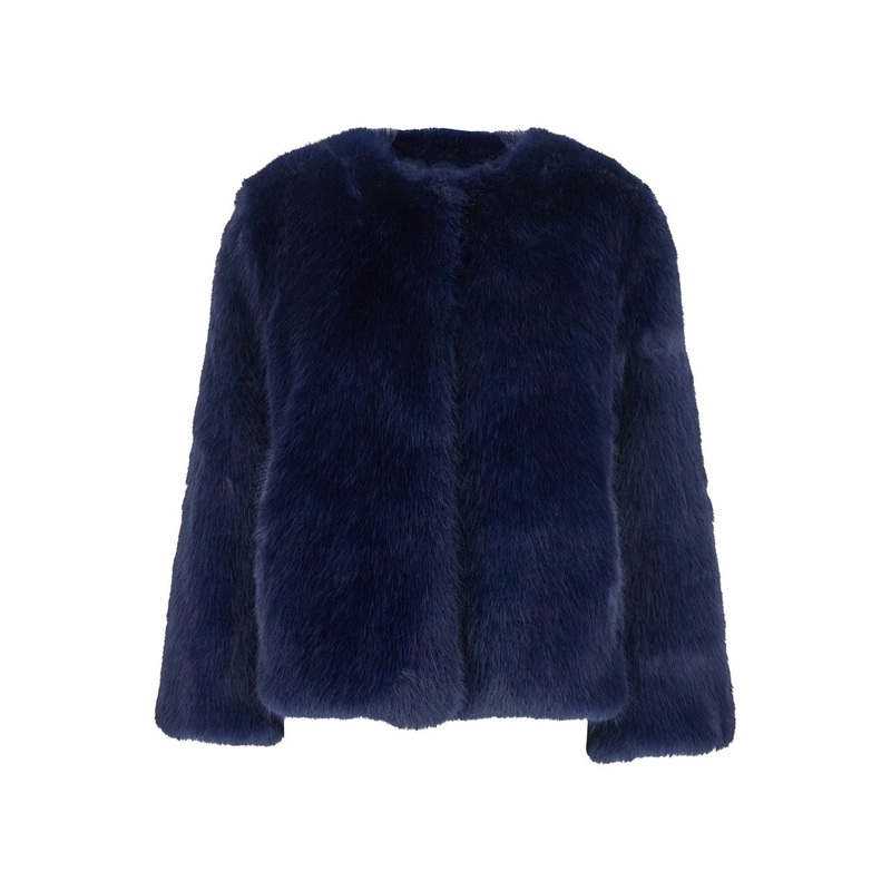 Blue Crewneck Fur Jacket with Concealed Front Closure in Ecofur Woman