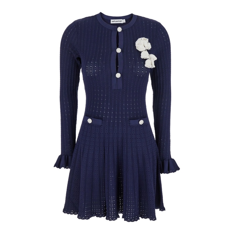 Blue Crewneck Midi Dress with Flower Embellishment on the Front and Crochet Knit in Viscose Blend Stretch Woman