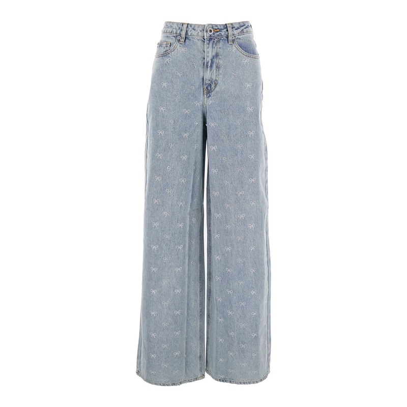 Blue Jeans with Logo Patch on the Rear and All-Over Crystal Bows Embellishment in Denim Woman