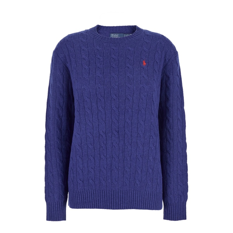 Blue Knit Crewneck Sweater with Pony Embroidery in Wool and Cashmere Woman