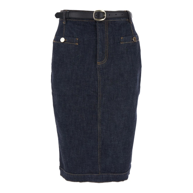 Blue Midi Skirt with Leather Belt and Rear Single Slit in Denim Woman