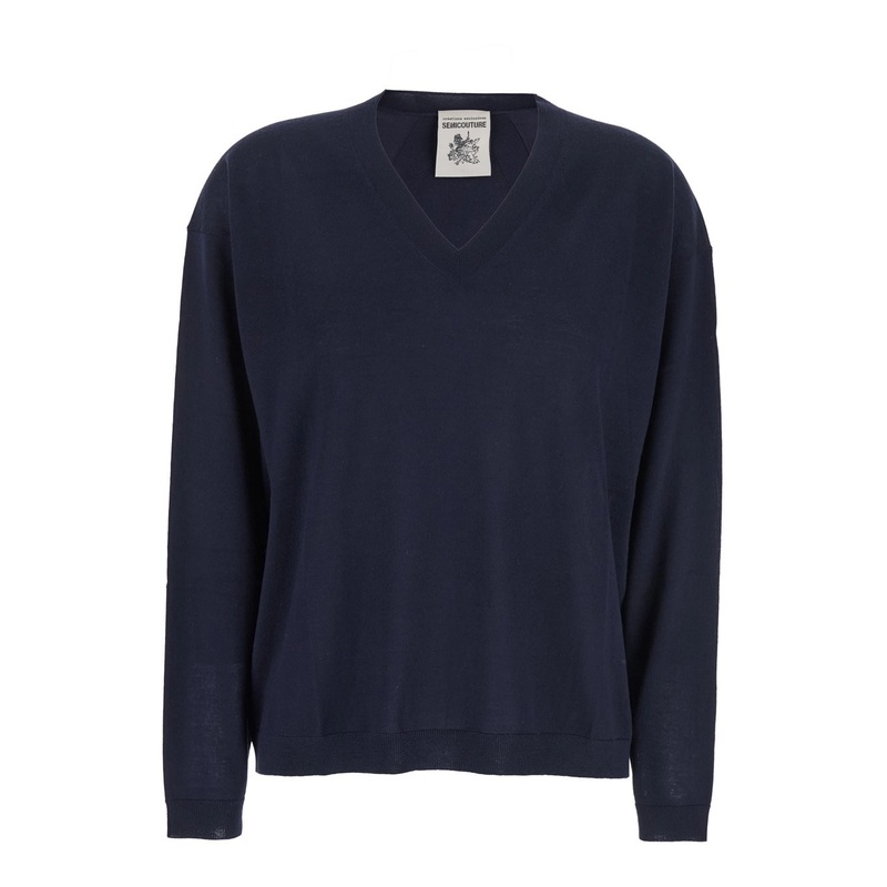 Blue Sweater with V Neck and Ribbed Trims in Wool Woman