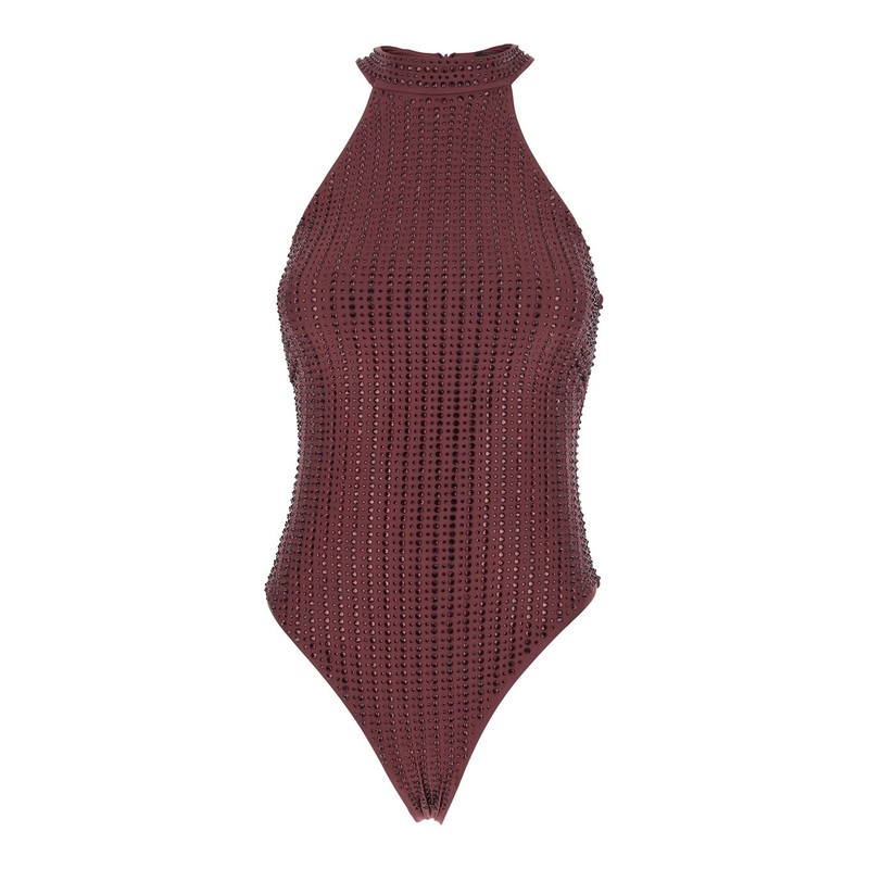 Bordeaux One-Piece with High Neck and All-Over Crystal Embellishments in Tech Fabric Stretch Woman