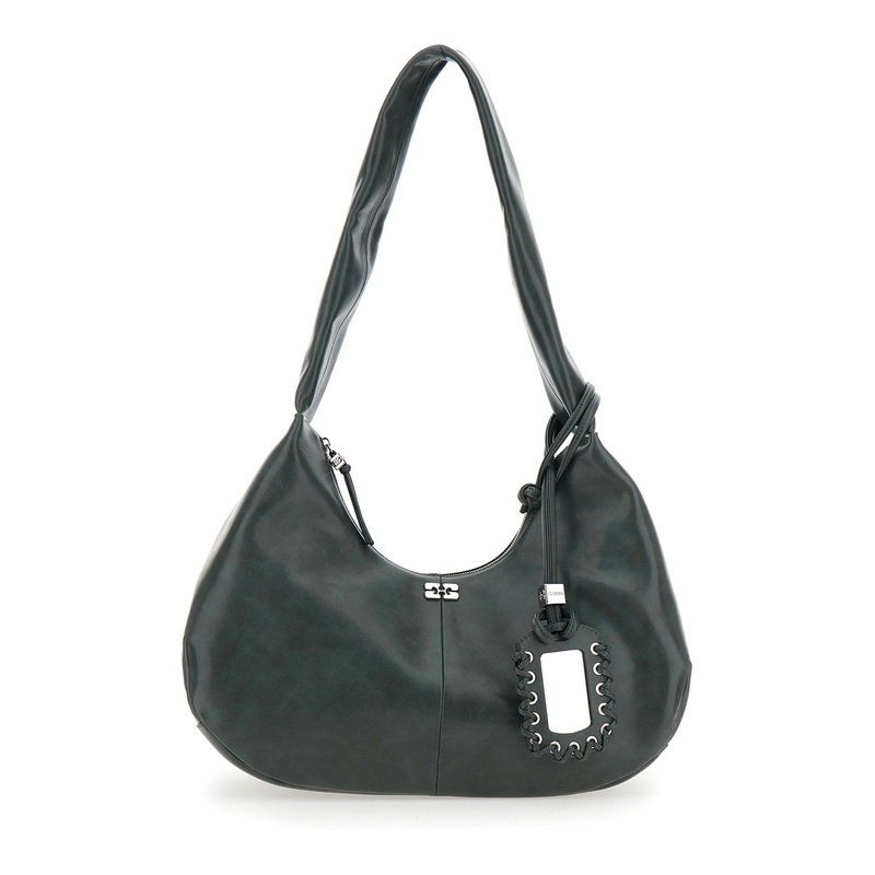 ‘Bou’ Black Medium Shoulder Bag with Single Shoulder Strap and Tonal Logo Plaque on the Front in Leather Woman