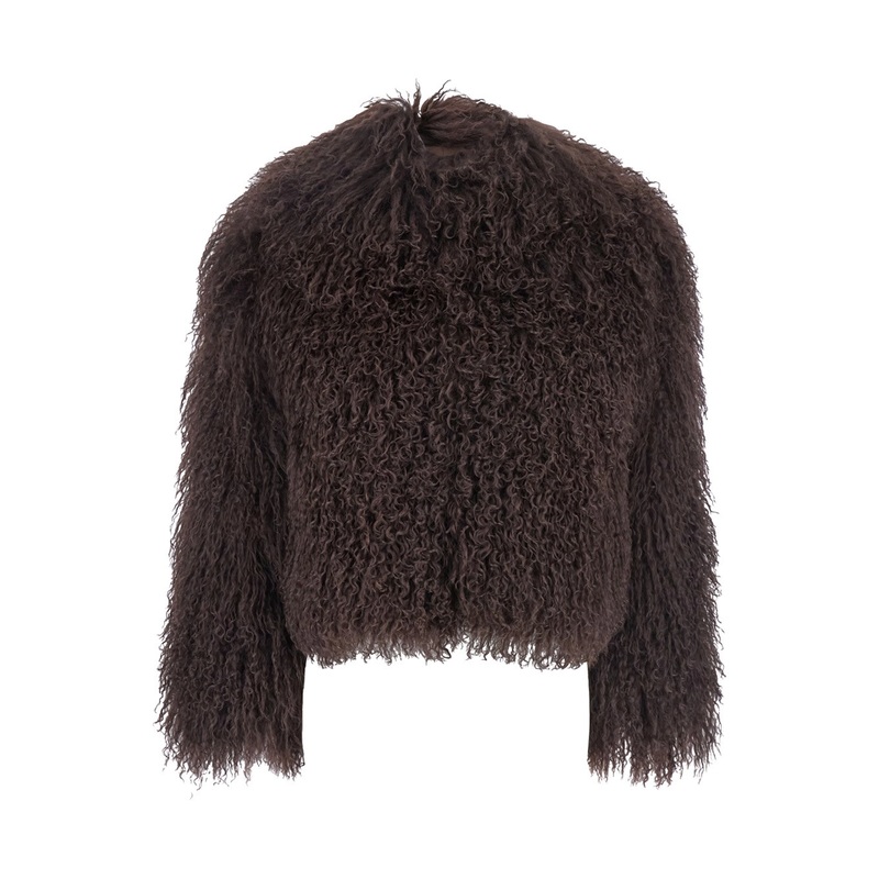 Brown Cropped Fur Jacket with Concealed Front Closure in Shearling Fur Woman