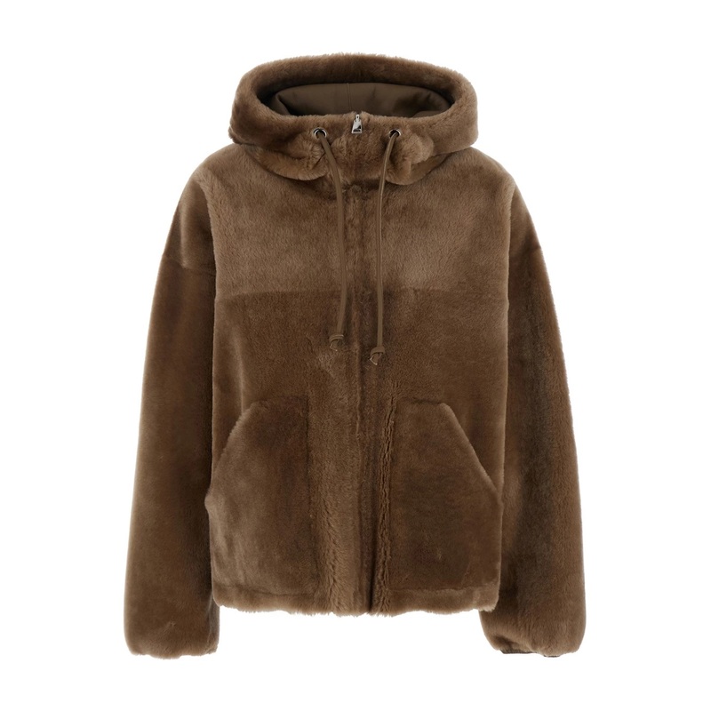 Brown Reversible Shearling Jacket with Drawstring Hood and Front Zip Closure in Fur Woman