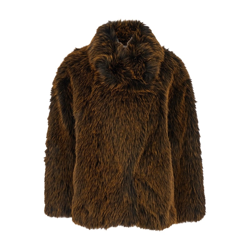 Brown Shearling Coat with High Neck and Concealed Front Closure in Ecofur Woman