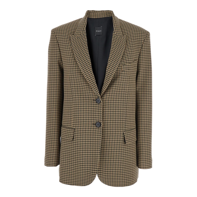 Brown Single-Breasted Jacket with All-Over Check Motif in Wool Woman